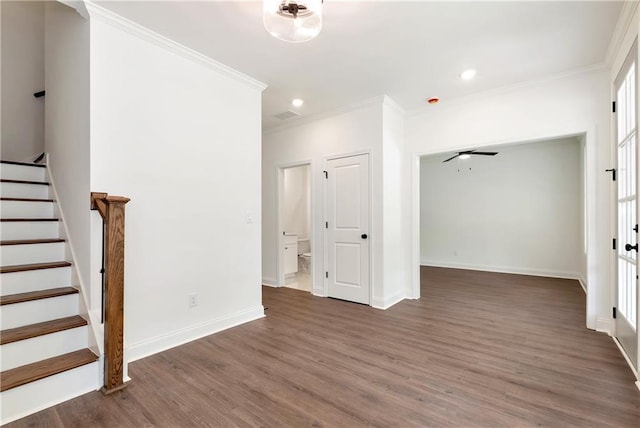 200 College Ave, Commerce, GA 30529 - empty room with ornamental molding, wood finished floors, recessed lighting, a ceiling fan, and stairs