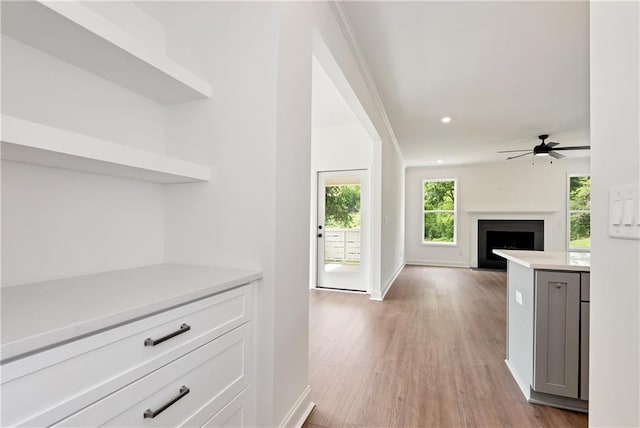 200 College Ave, Commerce, GA 30529 - kitchen with light countertops, light wood finished floors, a fireplace with flush hearth, a ceiling fan, and baseboards