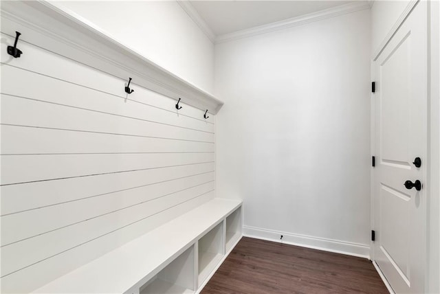 200 College Ave, Commerce, GA 30529 - mudroom featuring crown molding, dark wood-type flooring, and baseboards