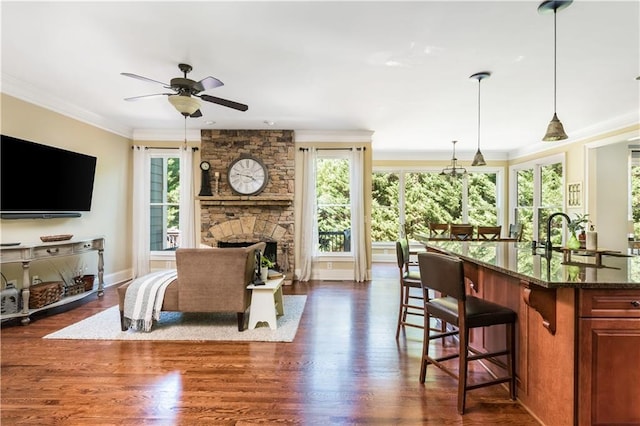 living room featuring dark hardwood / wood-style flooring, ceiling fan, crown molding, sink, and a fireplace