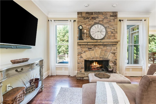 living room with dark hardwood / wood-style floors, a stone fireplace, and ornamental molding