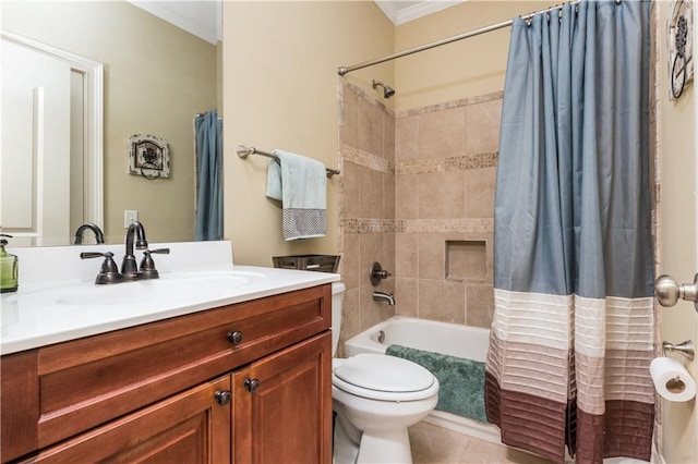 full bathroom with vanity, tile patterned floors, shower / bath combination with curtain, crown molding, and toilet