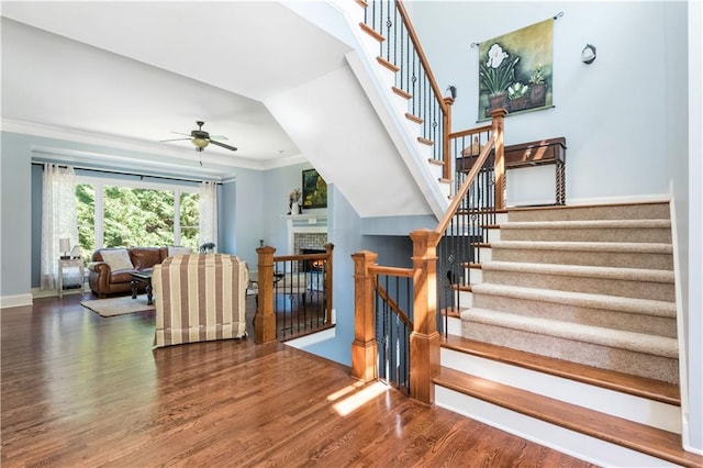 stairs with ceiling fan, wood-type flooring, and ornamental molding