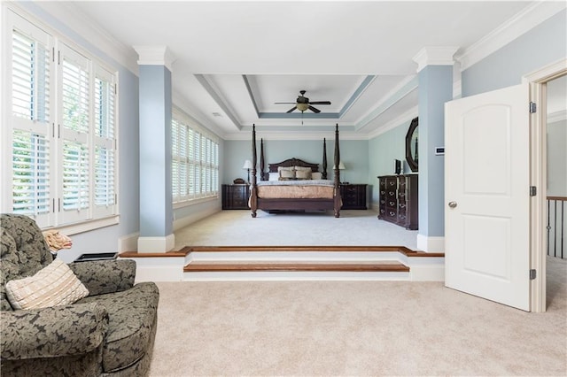 bedroom featuring carpet flooring, multiple windows, and ornamental molding