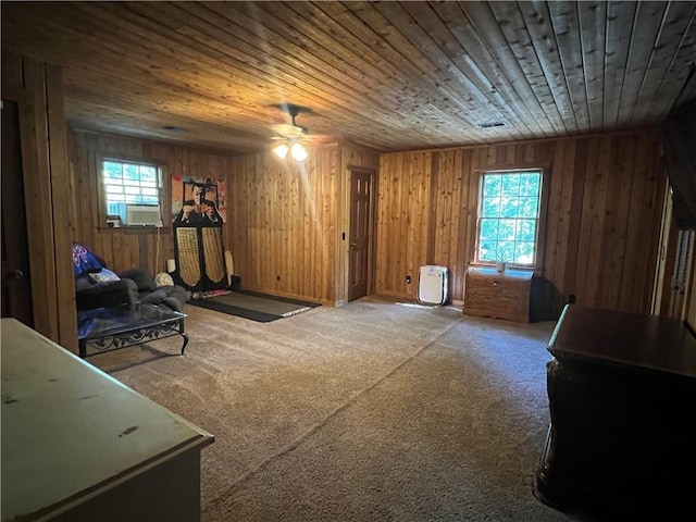 6245 Bannister Rd, Cumming, GA 30028 - interior space with carpet floors, wood walls, cooling unit, and wood ceiling
