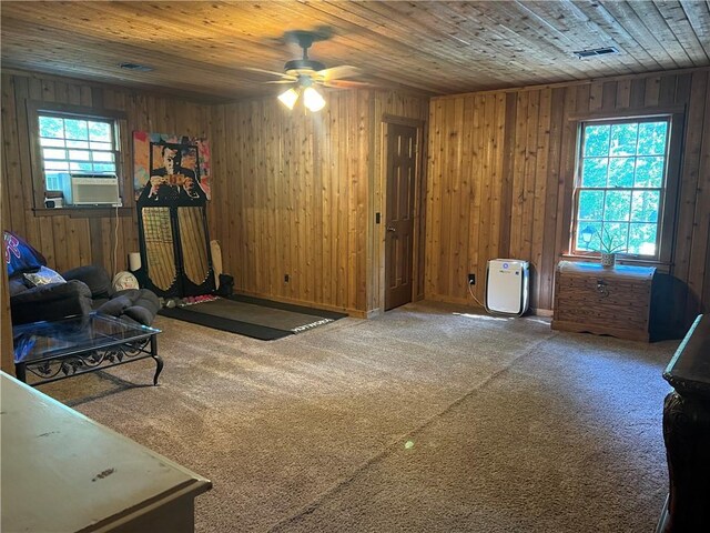 6245 Bannister Rd, Cumming, GA 30028 - interior space featuring wooden ceiling, multiple windows, cooling unit, and wood walls
