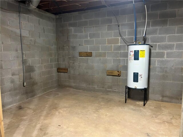 6245 Bannister Rd, Cumming, GA 30028 - unfinished basement featuring electric water heater and concrete block wall