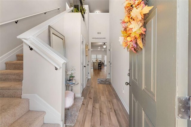 entrance foyer with light hardwood / wood-style flooring and ceiling fan