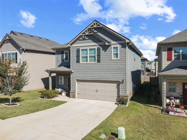 craftsman-style home with a front lawn and a garage