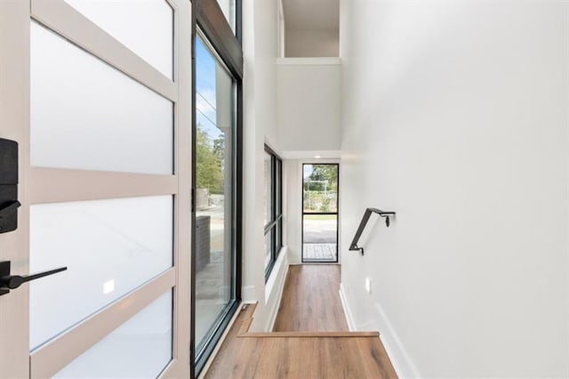 corridor featuring wood-type flooring and a towering ceiling