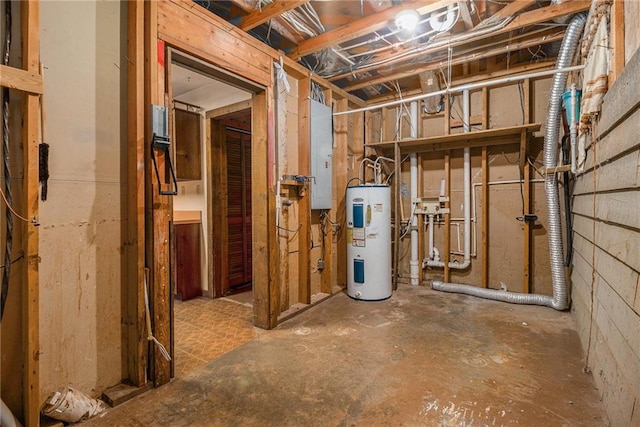 basement with electric panel and water heater