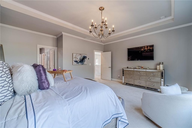 bedroom featuring baseboards, crown molding, a raised ceiling, a notable chandelier, and light colored carpet