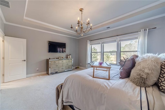 carpeted bedroom featuring a raised ceiling, a notable chandelier, baseboards, and visible vents