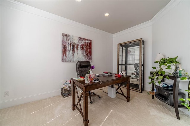 office area featuring recessed lighting, light colored carpet, baseboards, and ornamental molding