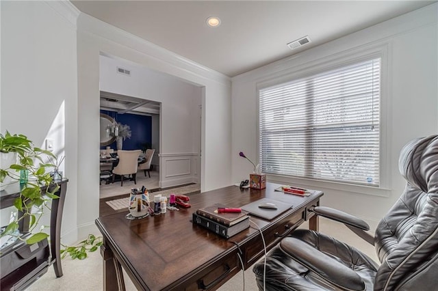 office space with recessed lighting, visible vents, and ornamental molding