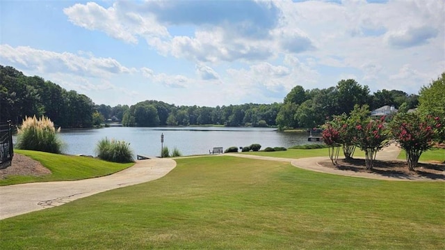 view of community with a lawn and a water view