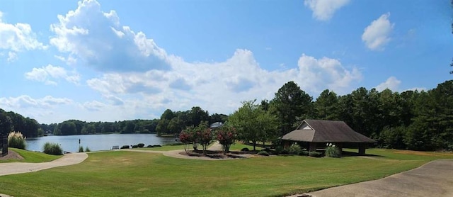 view of home's community with a yard and a water view