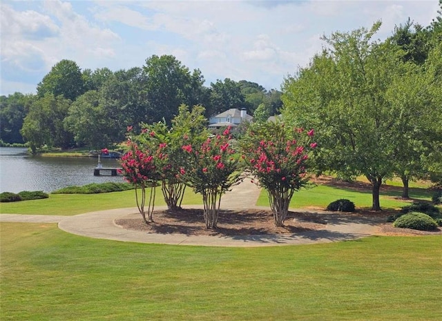 view of property's community featuring a lawn and a water view