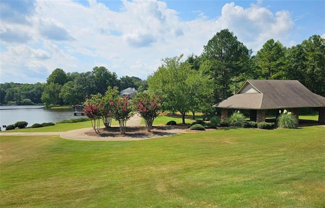 surrounding community featuring a water view and a yard