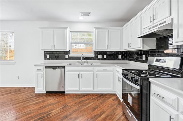 kitchen with stainless steel appliances, sink, and white cabinets