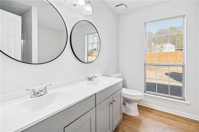 bathroom with wood-type flooring, plenty of natural light, vanity, and toilet