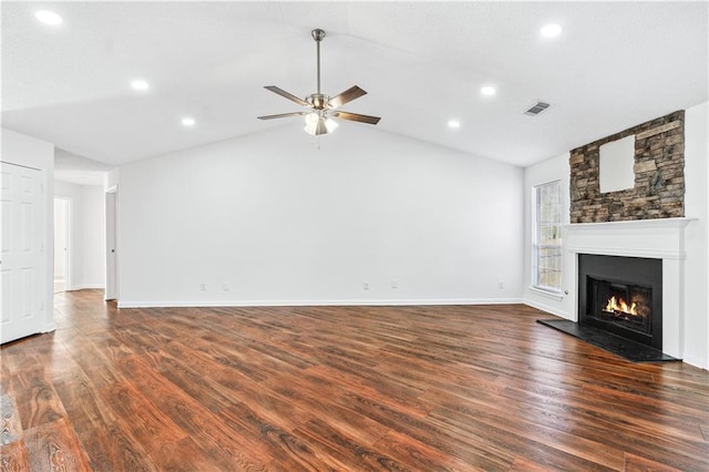 unfurnished living room featuring ceiling fan, lofted ceiling, and dark hardwood / wood-style flooring