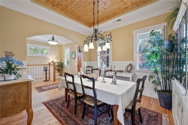 dining room featuring wooden ceiling, an inviting chandelier, light wood-type flooring, and a tray ceiling