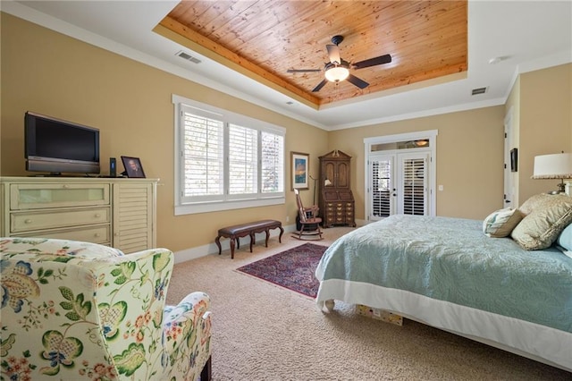 carpeted bedroom featuring a raised ceiling, wood ceiling, and french doors