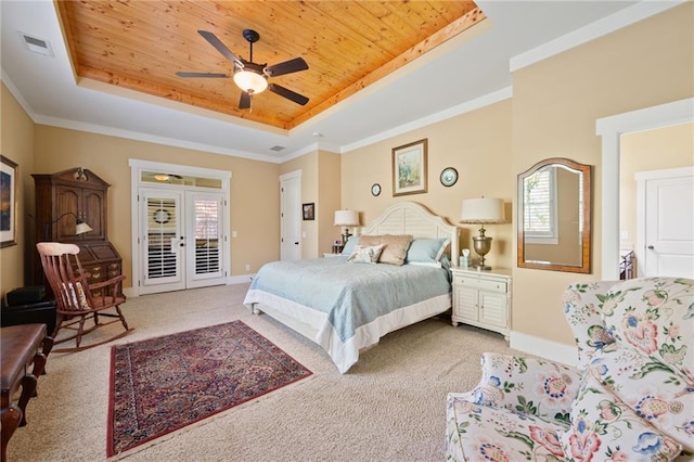 bedroom featuring ceiling fan, wood ceiling, a tray ceiling, and french doors