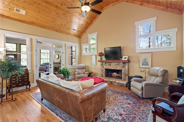 living room featuring high vaulted ceiling, a fireplace, wooden ceiling, ceiling fan, and light wood-type flooring