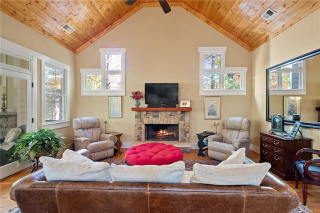 living room featuring high vaulted ceiling, wood ceiling, wood-type flooring, and a fireplace