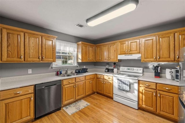 kitchen with sink, dishwasher, light wood-type flooring, and white electric stove