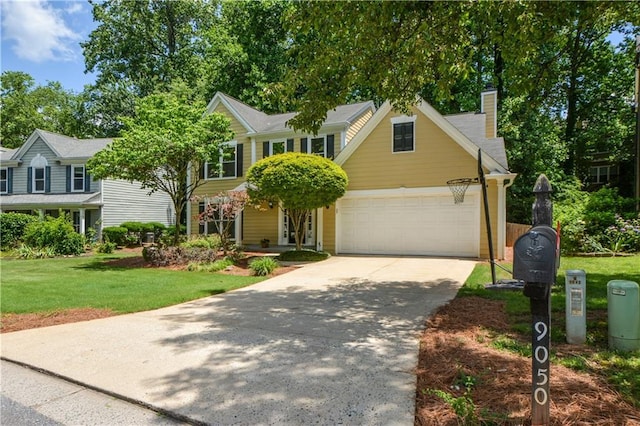 9050 Brockham Way, Alpharetta, GA 30022 - view of front of house featuring concrete driveway, a front yard, an attached garage, and a chimney