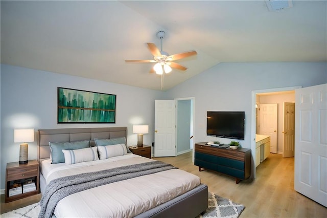 9050 Brockham Way, Alpharetta, GA 30022 - bedroom featuring vaulted ceiling, light wood-style floors, baseboards, and a ceiling fan