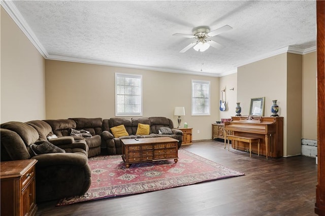 living room featuring crown molding, a textured ceiling, dark wood-type flooring, and ceiling fan