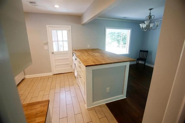 kitchen featuring a peninsula, butcher block counters, baseboards, and wood finished floors