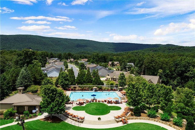 aerial perspective of suburban area with a pool, a forest, and a mountain backdrop