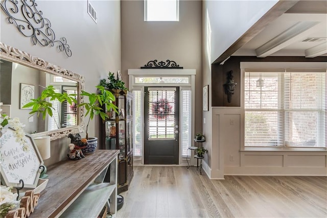 foyer featuring plenty of natural light, a towering ceiling, and light wood-type flooring