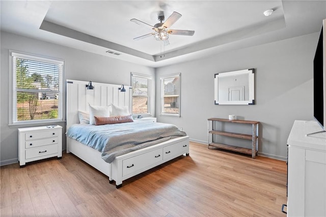 232 Northridge Dr, Dallas, GA 30132 - bedroom featuring a tray ceiling, light wood-type flooring, multiple windows, and baseboards