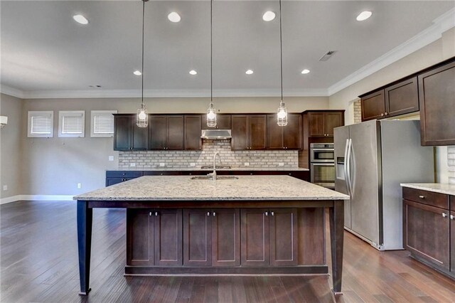 12095 Cameron Dr, Duluth, GA 30097 - kitchen featuring stainless steel appliances, dark wood finished floors, dark brown cabinetry, tasteful backsplash, and ornamental molding
