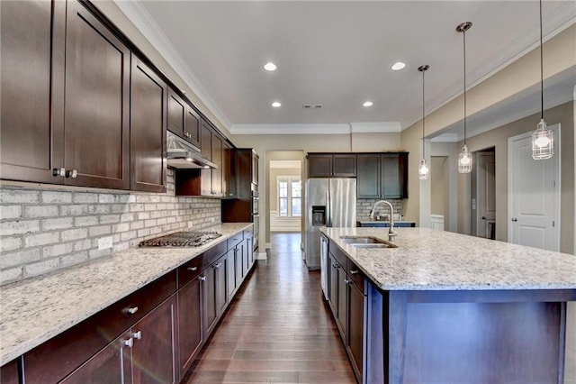 12095 Cameron Dr, Duluth, GA 30097 - kitchen with a sink, under cabinet range hood, crown molding, stainless steel appliances, and dark wood-type flooring