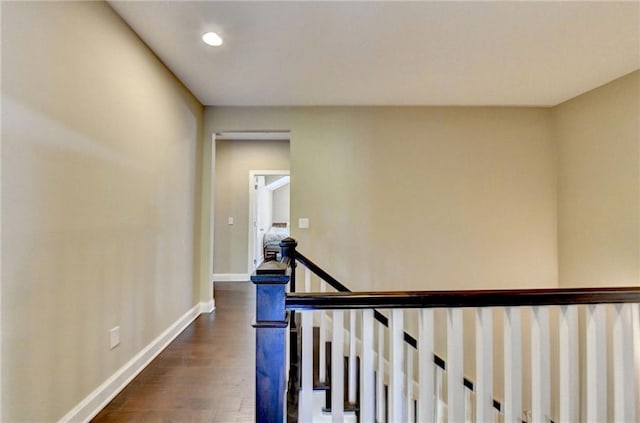12095 Cameron Dr, Duluth, GA 30097 - hall with an upstairs landing, baseboards, dark wood-style floors, and recessed lighting