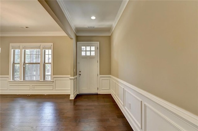 12095 Cameron Dr, Duluth, GA 30097 - doorway with dark wood-style floors, a decorative wall, wainscoting, and ornamental molding