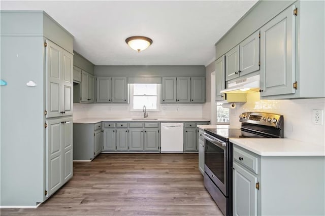 kitchen featuring gray cabinetry, a sink, stainless steel electric stove, range hood, and dishwasher