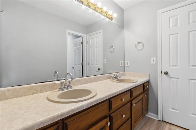 bathroom with double vanity, wood finished floors, and a sink