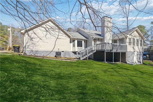 back of house featuring stairway, a wooden deck, a yard, a chimney, and central air condition unit