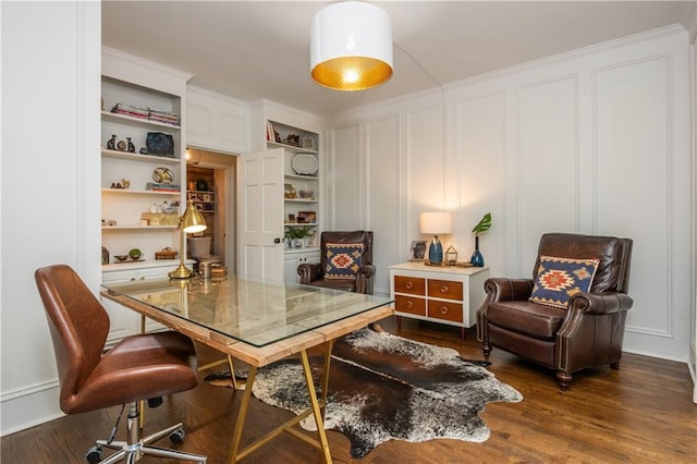 210 Hunters Vw, Roswell, GA 30075 - office with a decorative wall, dark wood-style flooring, and built in features