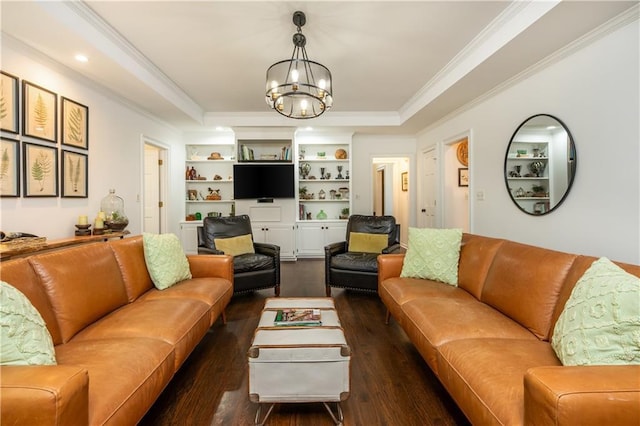 210 Hunters Vw, Roswell, GA 30075 - living room with ornamental molding, dark wood-style flooring, a chandelier, a raised ceiling, and built in shelves