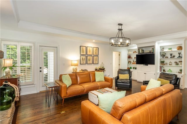 210 Hunters Vw, Roswell, GA 30075 - living room with ornamental molding, a chandelier, dark wood-style flooring, and a tray ceiling