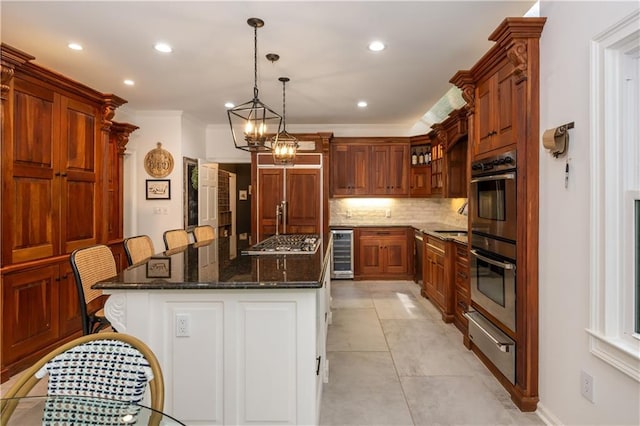 210 Hunters Vw, Roswell, GA 30075 - kitchen with wine cooler, a warming drawer, appliances with stainless steel finishes, backsplash, and a center island